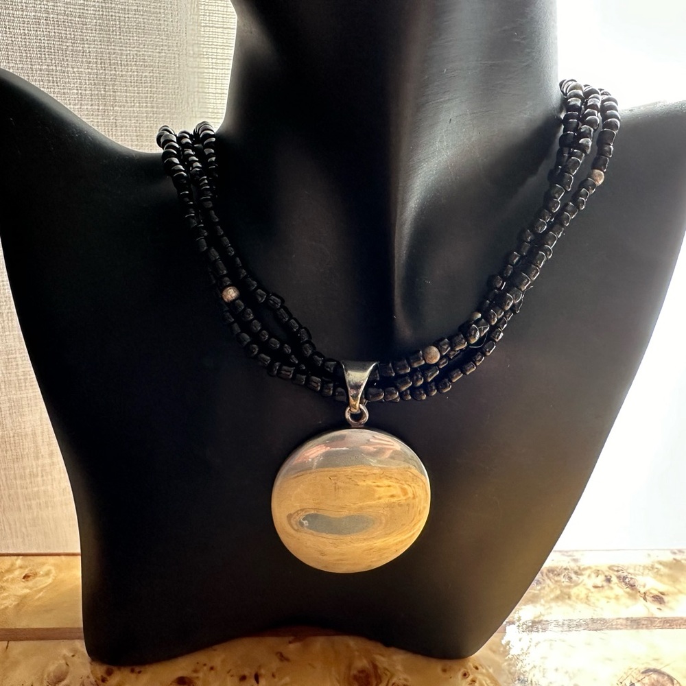 Retired Silpada Sterling Black Glass Bead Necklace plus Wavy Disc Pendant